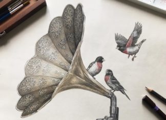 This Illustrated Series Shows Birds Sitting on Vintage Typewriters and Sewing Machines
