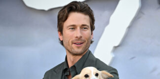 Glen Powell and Brisket at the "Twisters" Premiere in Los Angeles in July 2024